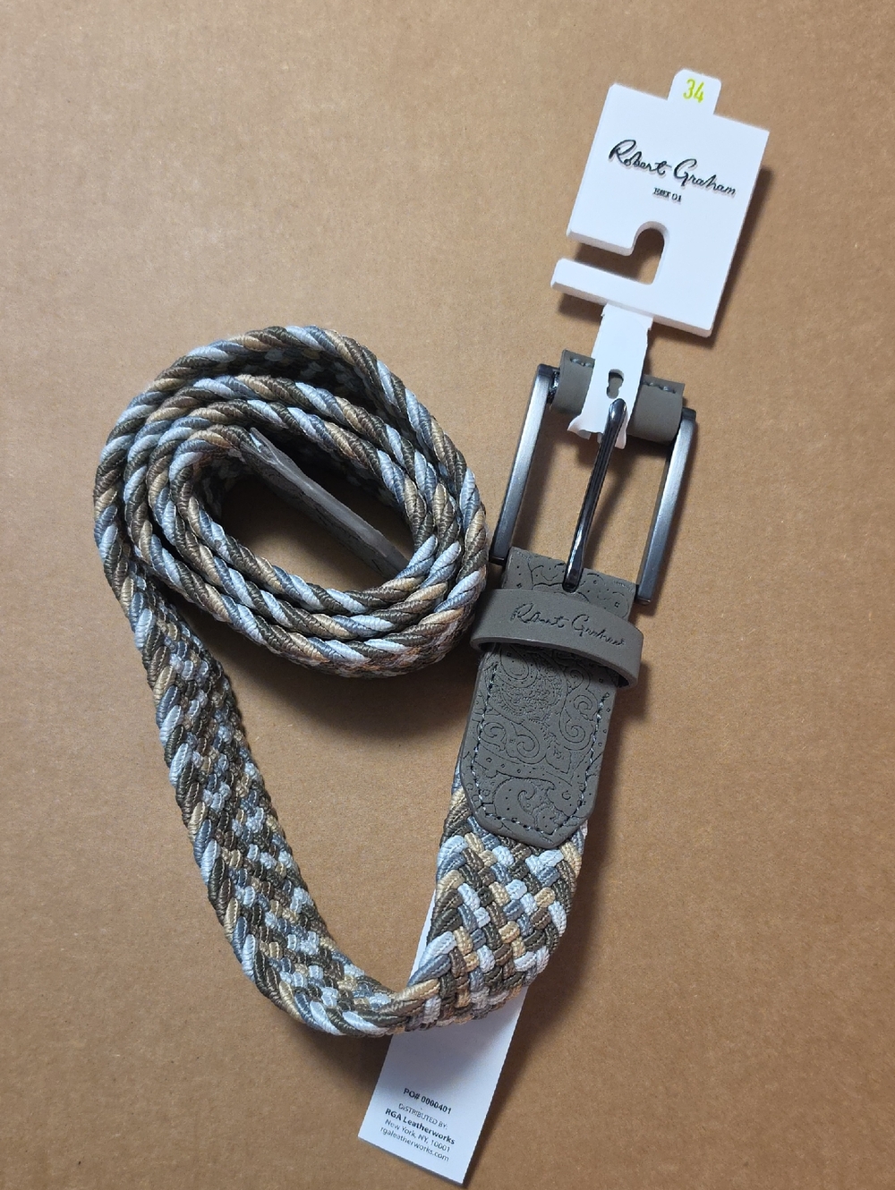 Robert Graham Woven Braided Men's Belt in Beige, Gray and Brown Size 34